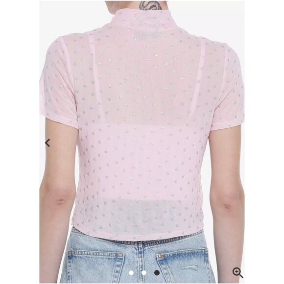 Pink Sheer Glitter Heart Mock Neck Top By Sweet Society - Hot Topic - Picture 6 of 6